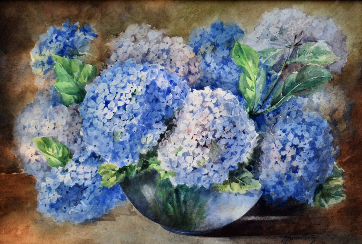 Watercolor, Bouquet Of Flowers "hydrangeas" Carved And Gilded Frame,-photo-4