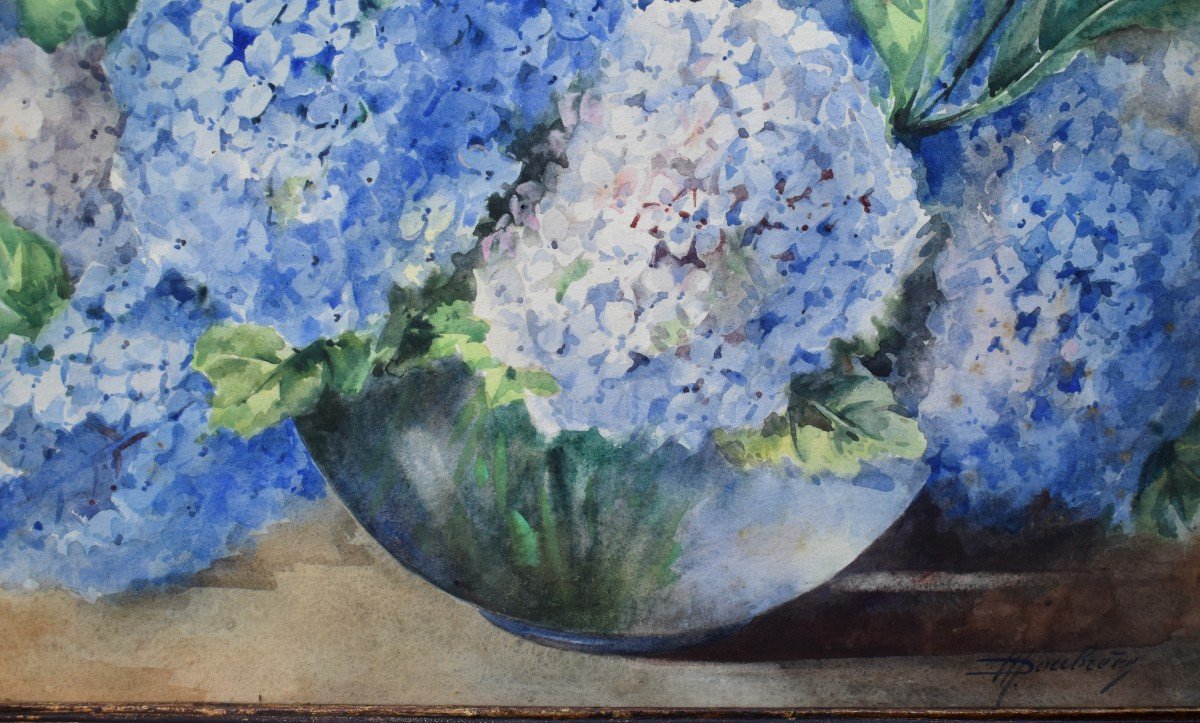 Watercolor, Bouquet Of Flowers "hydrangeas" Carved And Gilded Frame,-photo-1