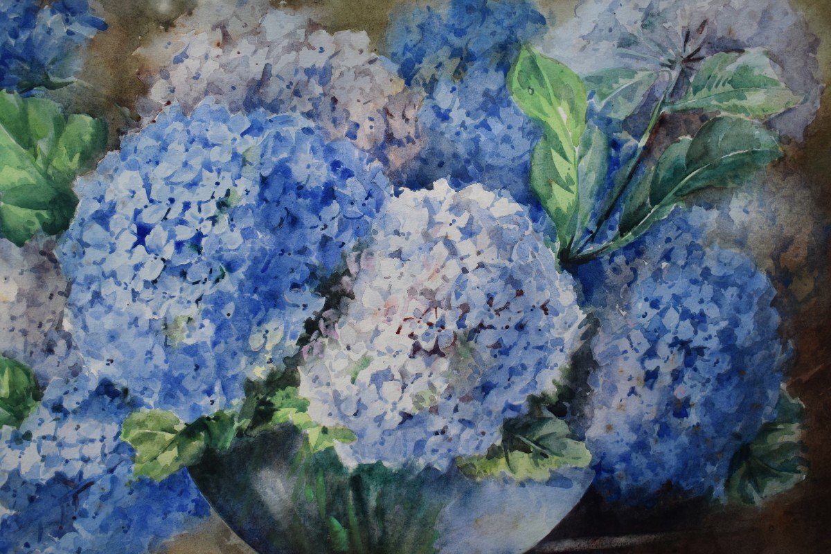 Watercolor, Bouquet Of Flowers "hydrangeas" Carved And Gilded Frame,-photo-2