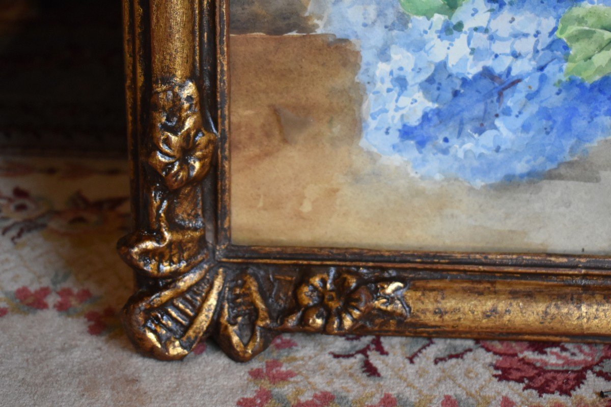 Watercolor, Bouquet Of Flowers "hydrangeas" Carved And Gilded Frame,-photo-6