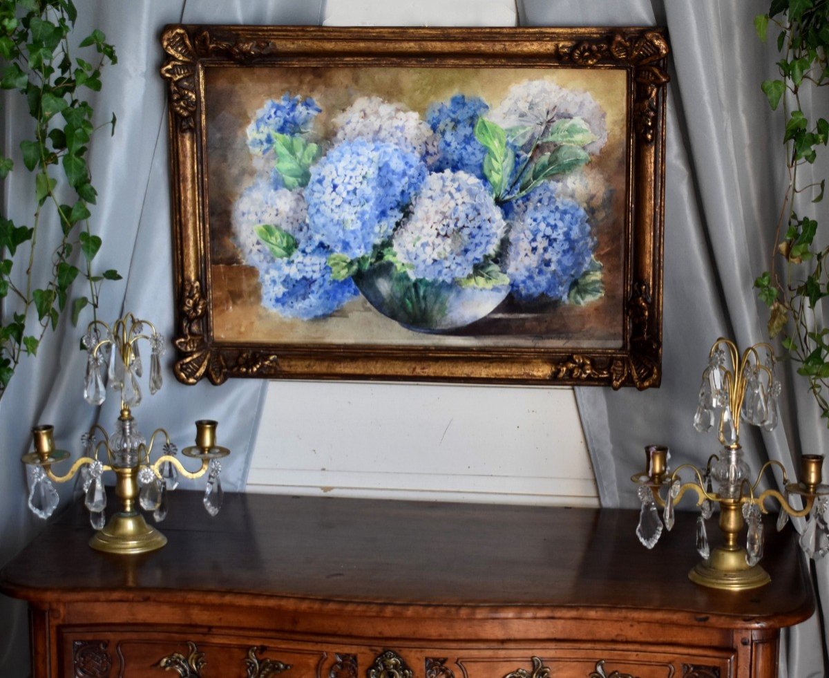Watercolor, Bouquet Of Flowers "hydrangeas" Carved And Gilded Frame,