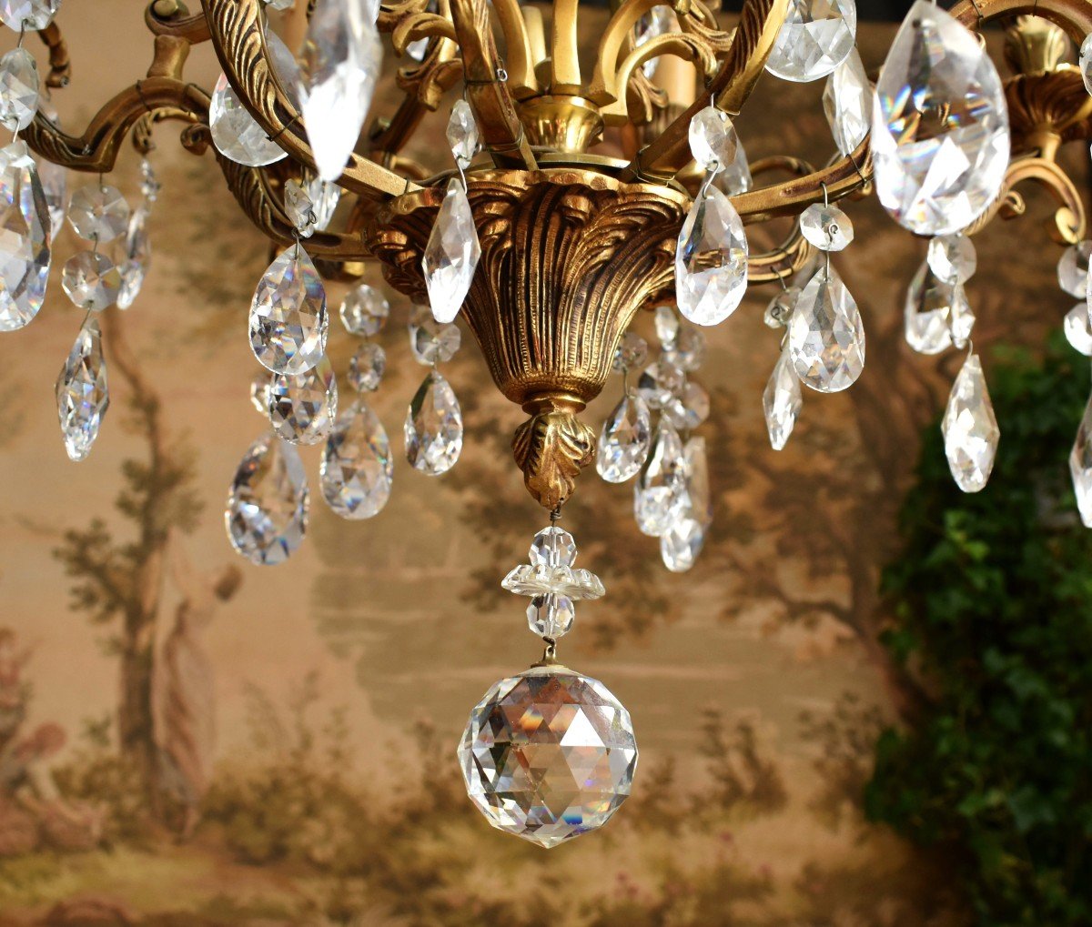 Large Bronze Chandelier And Cage Shaped Pendants, 8 Arms Of Light, Eight Lights.-photo-1