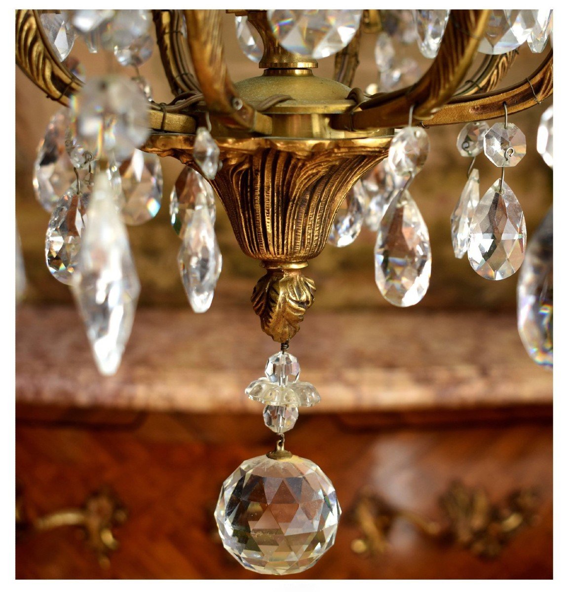 Large Bronze Chandelier And Cage Shaped Pendants, 8 Arms Of Light, Eight Lights.-photo-2