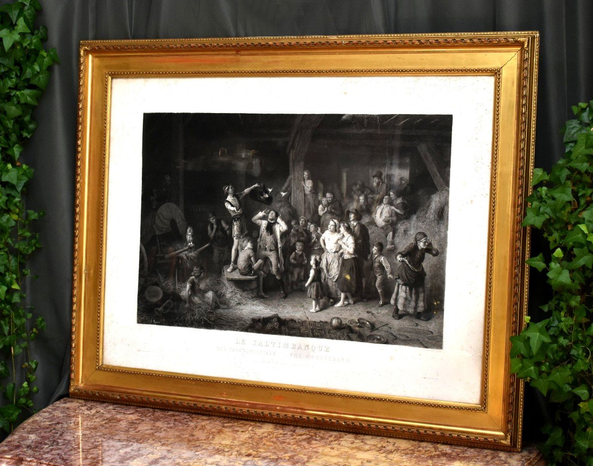 Importante Gravure " le saltimbanque "  Et Son Cadre Doré   Gravé Par Paul  Girardet d'Après  Louis Knaus édité par Goupil et Cie -photo-2