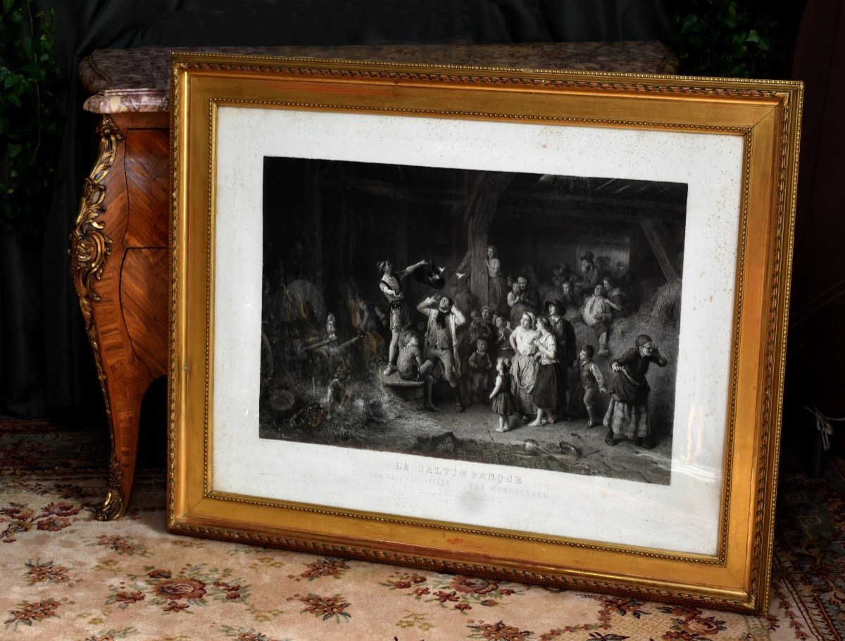 Importante Gravure " le saltimbanque "  Et Son Cadre Doré   Gravé Par Paul  Girardet d'Après  Louis Knaus édité par Goupil et Cie 