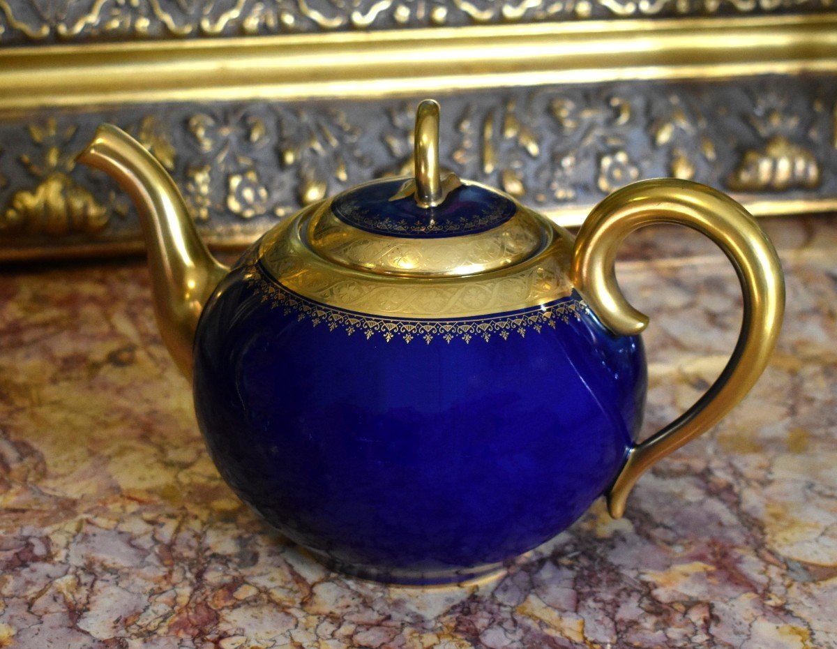 Jug, Coffee Pot Or Teapot In Limoges Porcelain In Kiln Blue And Gold Inlay.-photo-2