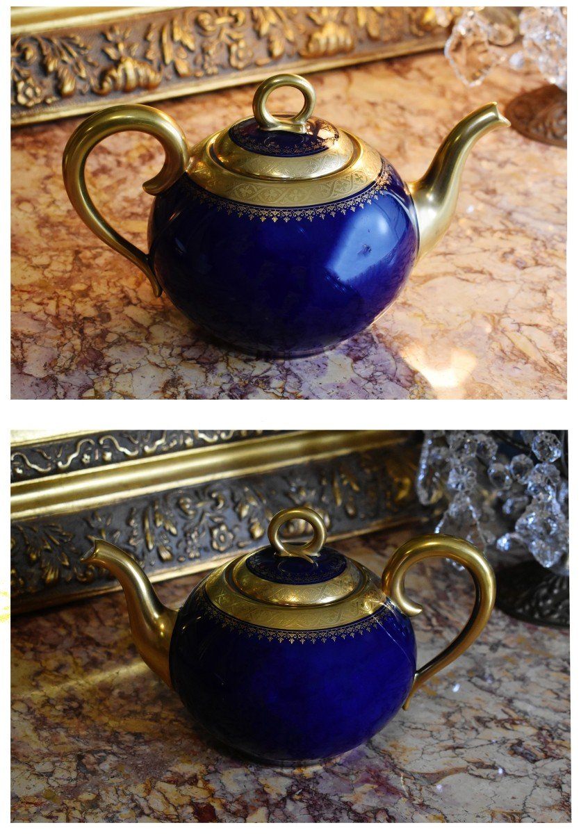 Jug, Coffee Pot Or Teapot In Limoges Porcelain In Kiln Blue And Gold Inlay.-photo-2