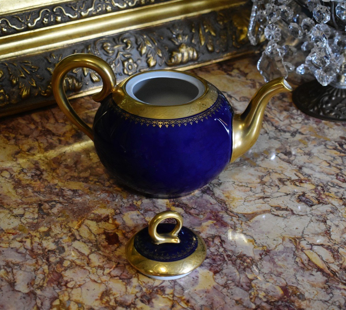 Jug, Coffee Pot Or Teapot In Limoges Porcelain In Kiln Blue And Gold Inlay.-photo-3