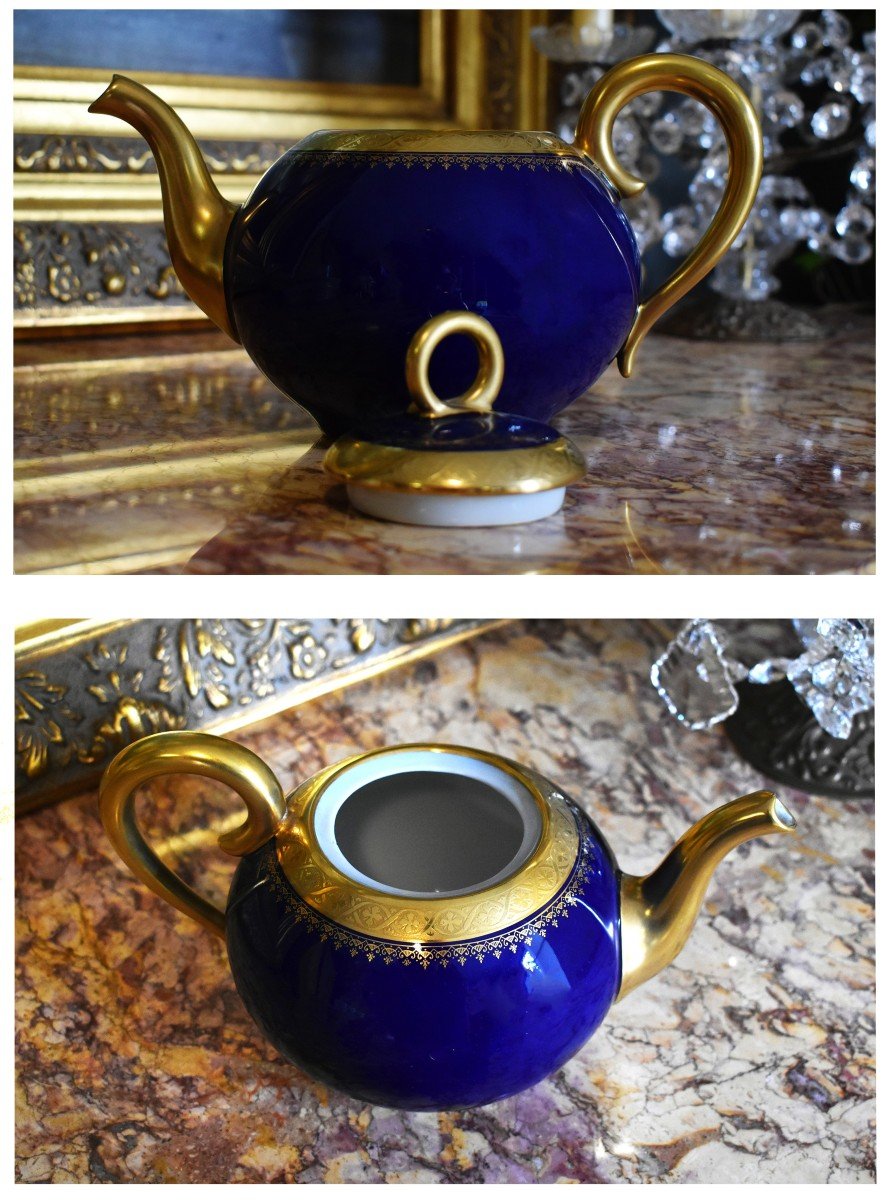 Jug, Coffee Pot Or Teapot In Limoges Porcelain In Kiln Blue And Gold Inlay.-photo-4