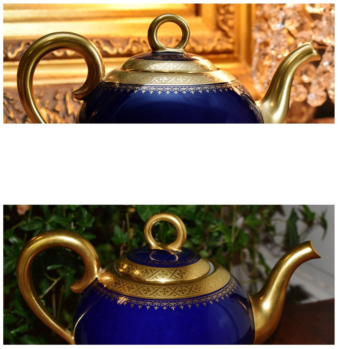 Jug, Coffee Pot Or Teapot In Limoges Porcelain In Kiln Blue And Gold Inlay.-photo-5