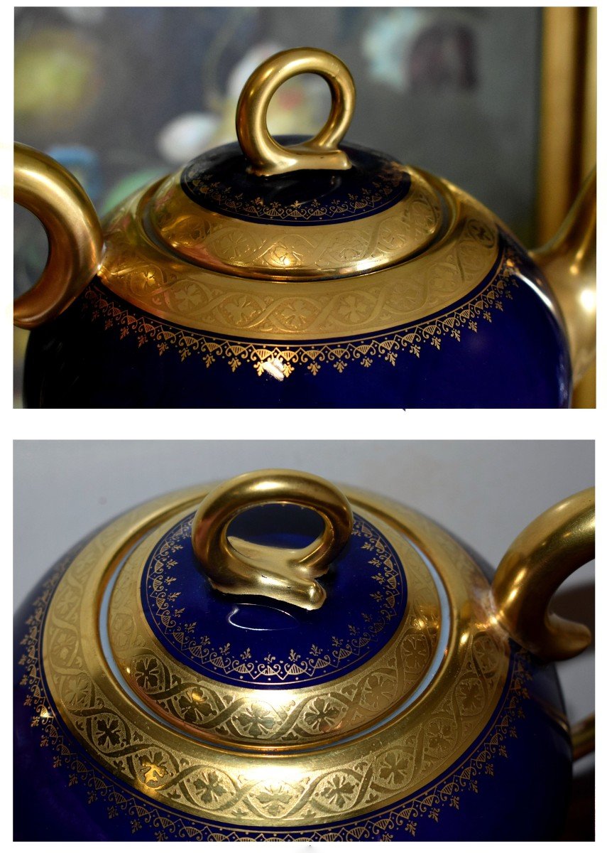 Jug, Coffee Pot Or Teapot In Limoges Porcelain In Kiln Blue And Gold Inlay.-photo-6