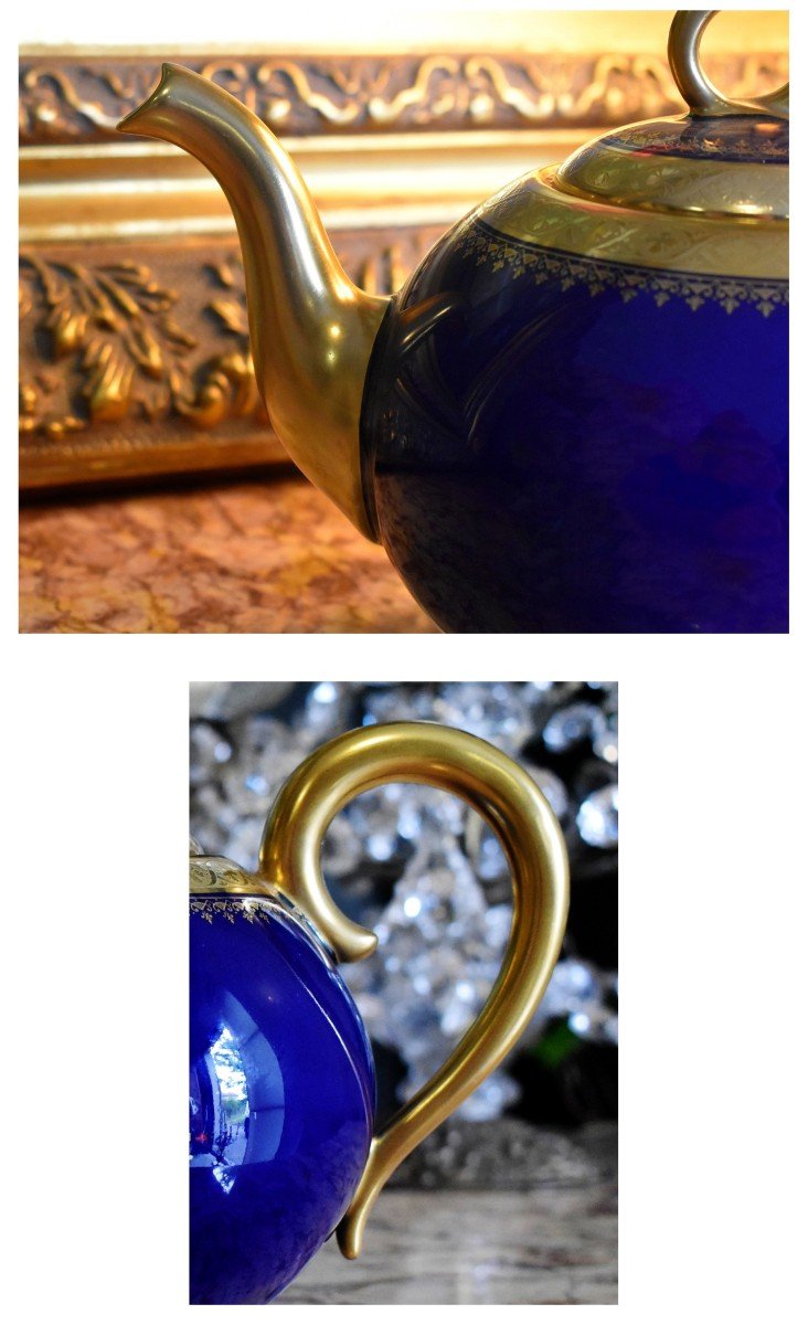 Verseuse, Cafetière ou Théière En Porcelaine De Limoges En Bleu De Four Et double Incrustation Or poli à l'agate.-photo-7