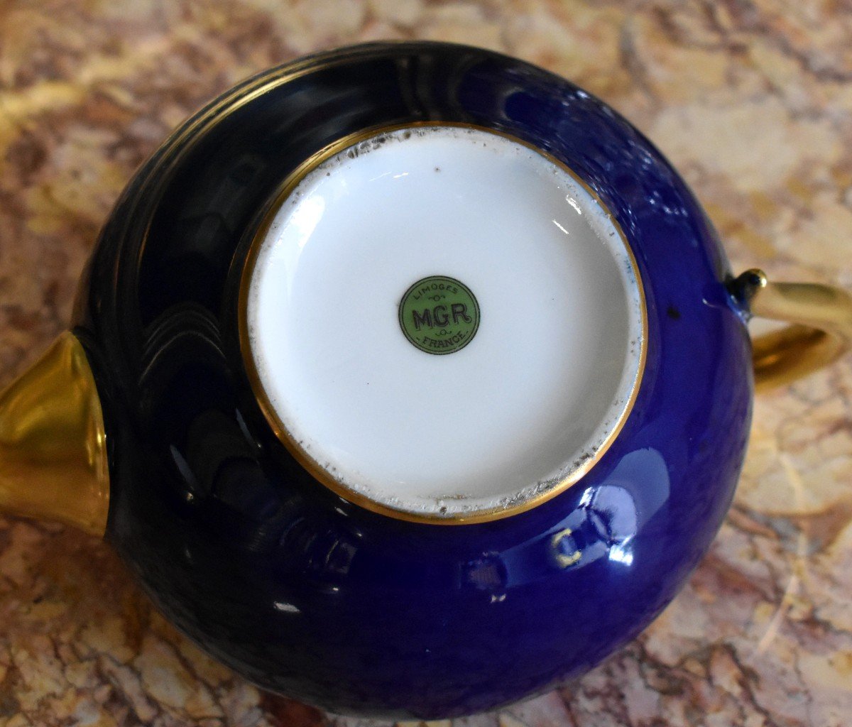 Jug, Coffee Pot Or Teapot In Limoges Porcelain In Kiln Blue And Gold Inlay.-photo-8