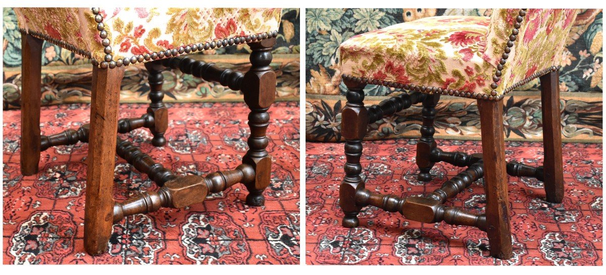  Chaise Louis XIII En Noyer , Dossier Haut et pieds arrière  à forte inclinaison, XVIIe siècle.-photo-3
