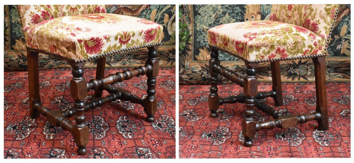  Chaise Louis XIII En Noyer , Dossier Haut et pieds arrière  à forte inclinaison, XVIIe siècle.-photo-4