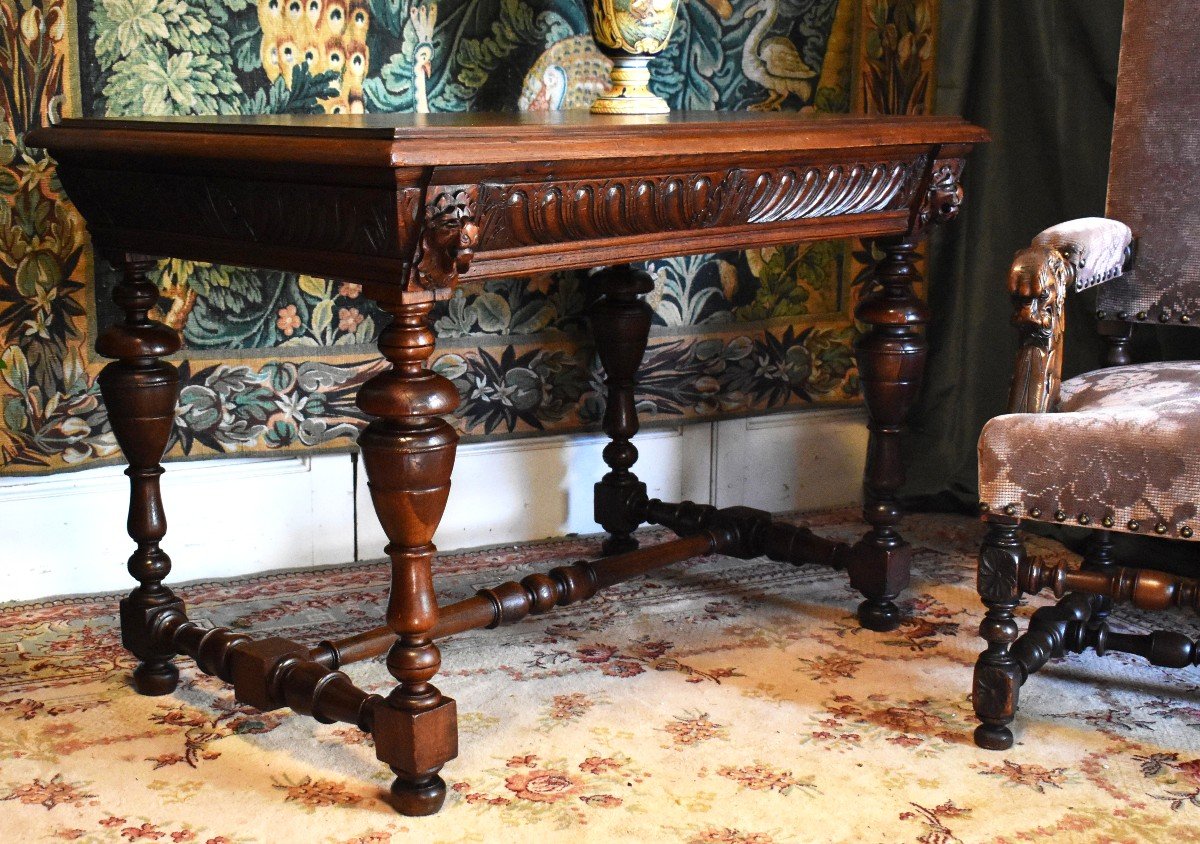 Oak Console, Middle Table, Renaissance Style Desk, Mid-19th Century Side Table-photo-2