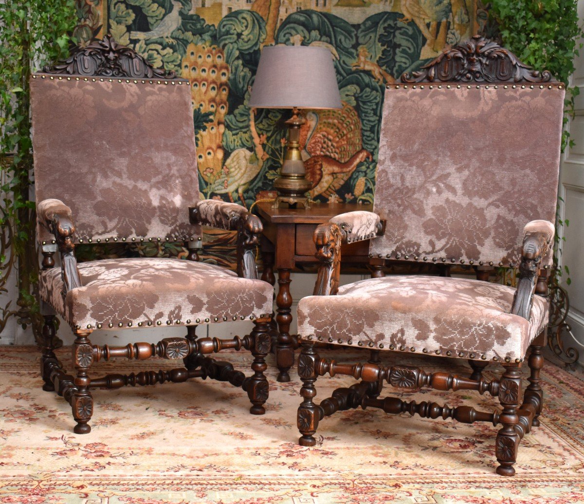 Pair Of Renaissance Style Armchairs, 19th Century, New Velvet Trim-photo-2