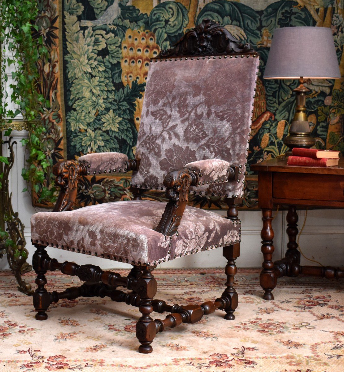 Pair Of Renaissance Style Armchairs, 19th Century, New Velvet Trim-photo-4