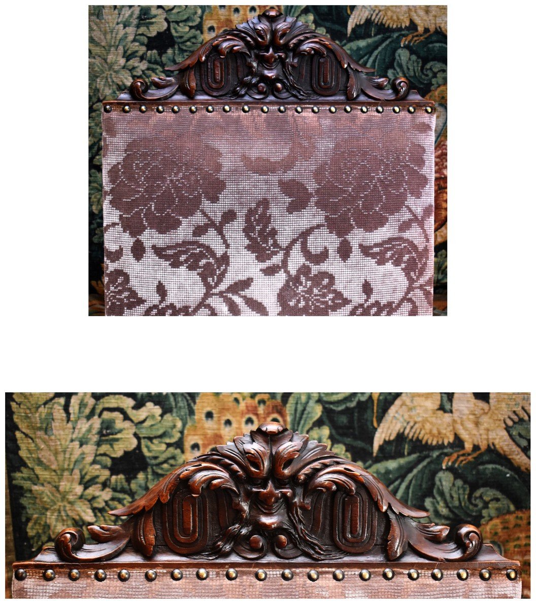 Pair Of Renaissance Style Armchairs, 19th Century, New Velvet Trim-photo-2