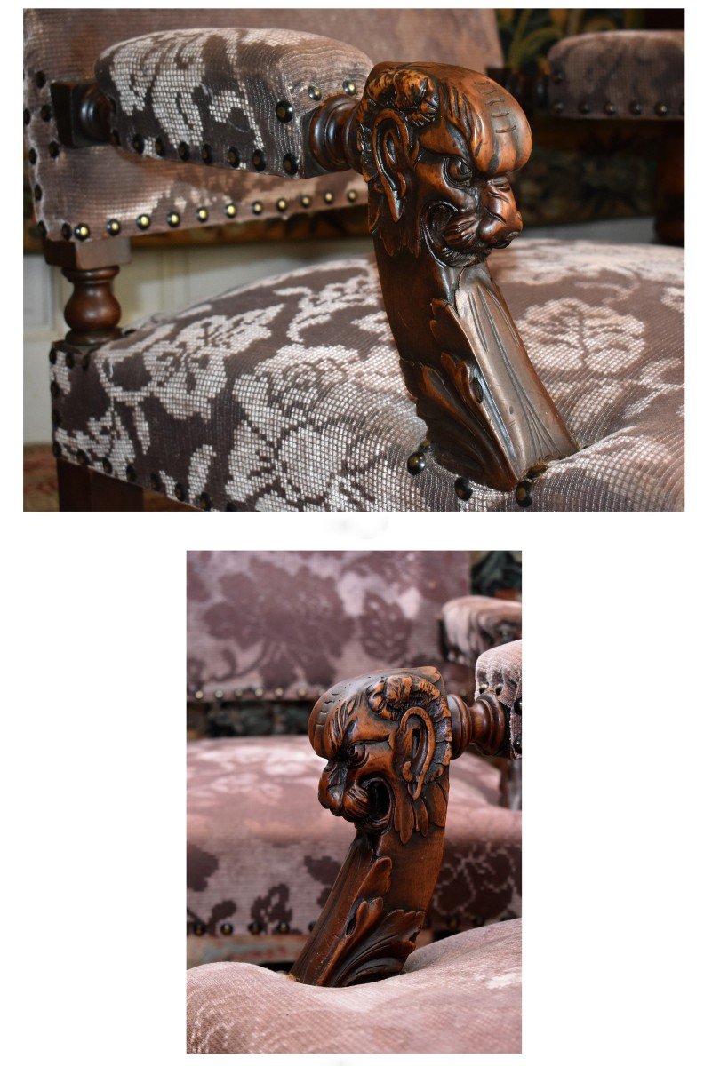 Pair Of Renaissance Style Armchairs, 19th Century, New Velvet Trim-photo-3