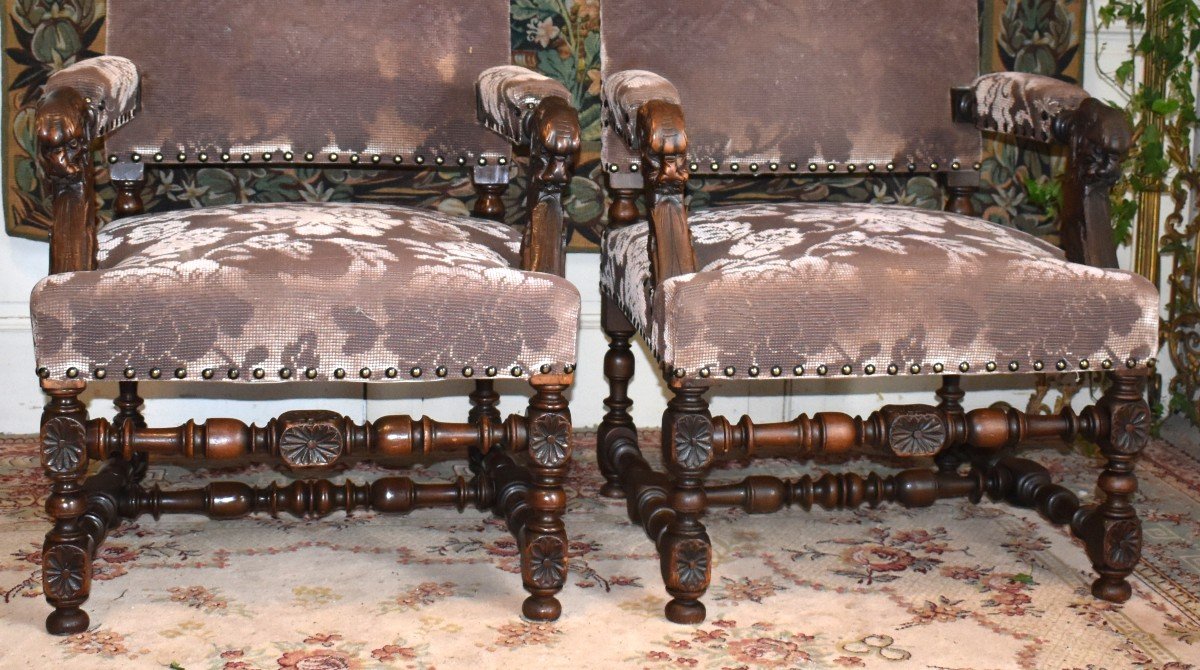 Pair Of Renaissance Style Armchairs, 19th Century, New Velvet Trim-photo-5