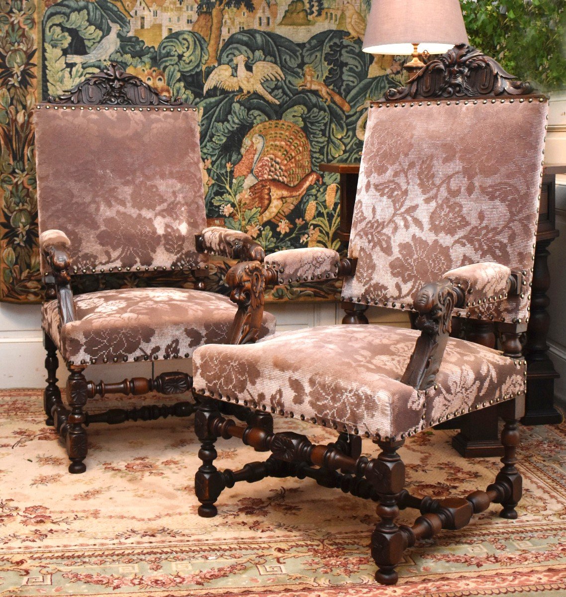 Pair Of Renaissance Style Armchairs, 19th Century, New Velvet Trim