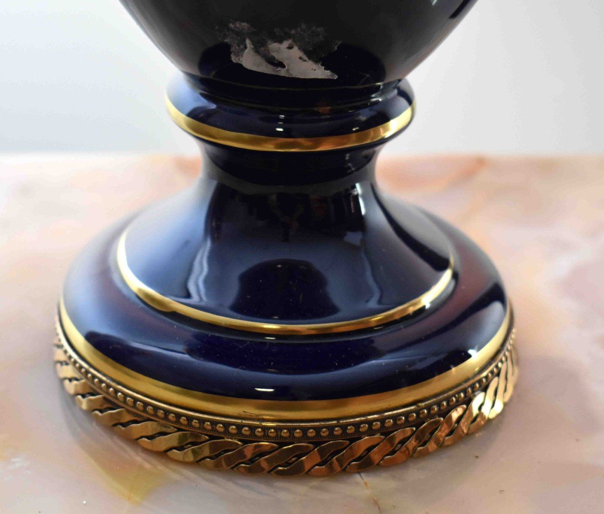 Large Vase In Limoges Porcelain, Pot Covered In Oven Blue And Double Gold Inlay-photo-6