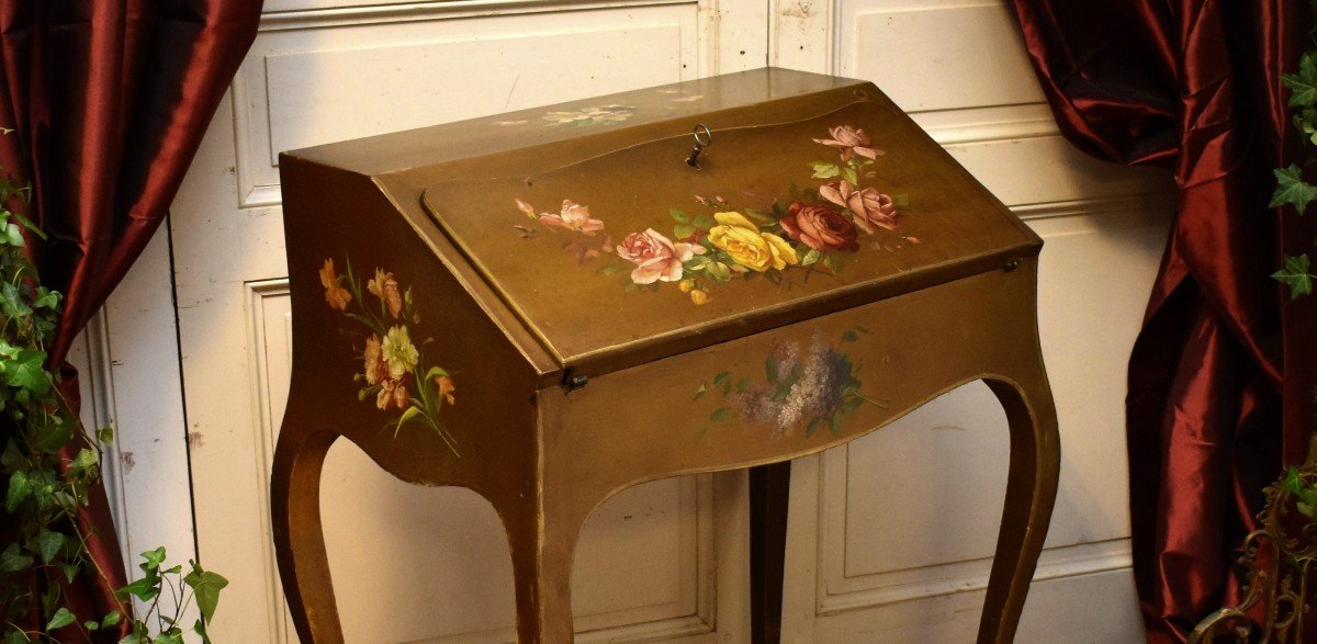Painted Sloping Desk With Flower Decor, Lacquered Secretary, Louis XV Style Writing Table-photo-2