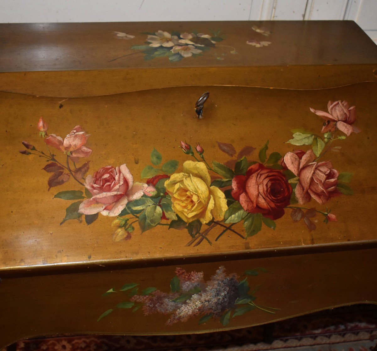 Painted Sloping Desk With Flower Decor, Lacquered Secretary, Louis XV Style Writing Table-photo-3