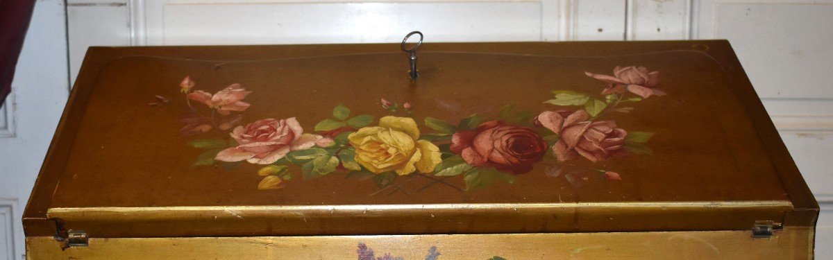 Painted Sloping Desk With Flower Decor, Lacquered Secretary, Louis XV Style Writing Table-photo-4