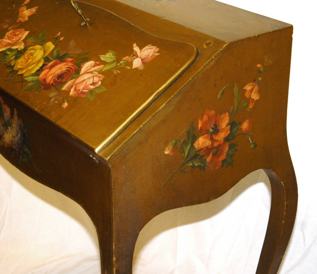 Painted Sloping Desk With Flower Decor, Lacquered Secretary, Louis XV Style Writing Table-photo-6