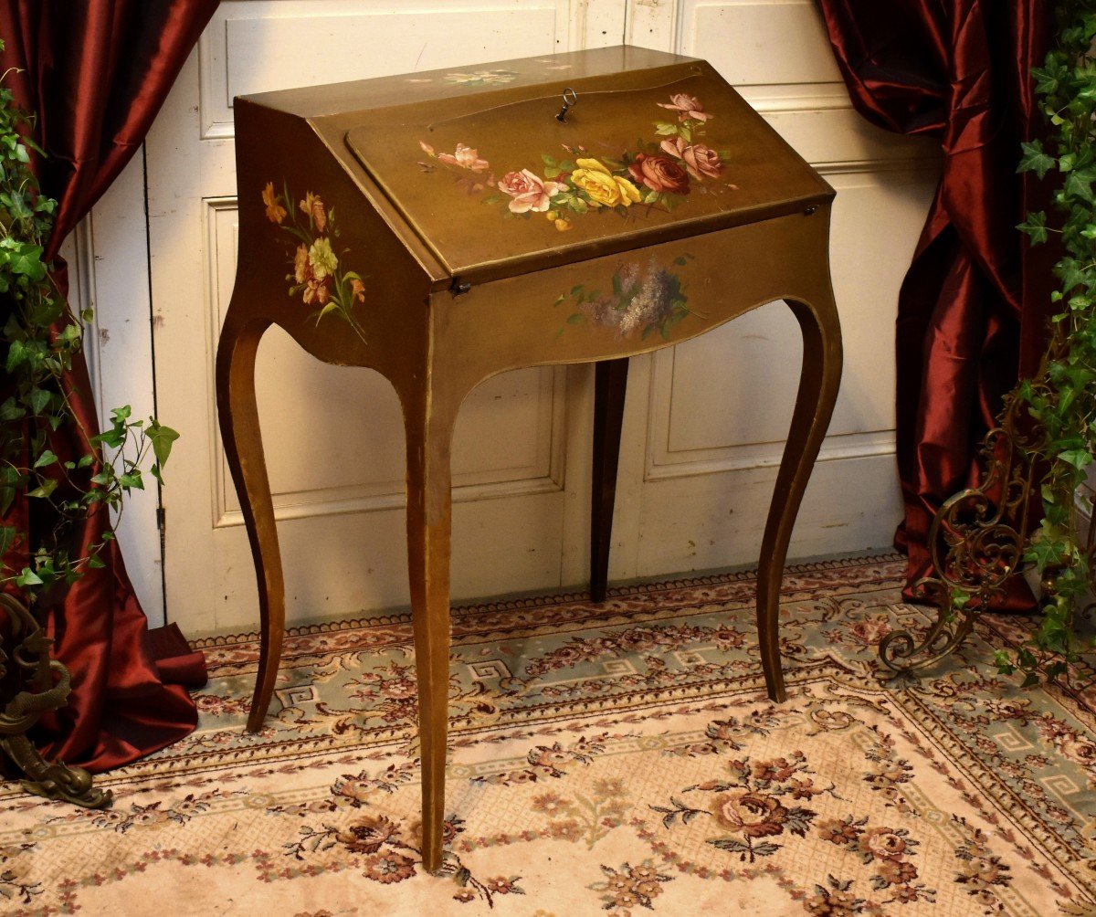Painted Sloping Desk With Flower Decor, Lacquered Secretary, Louis XV Style Writing Table