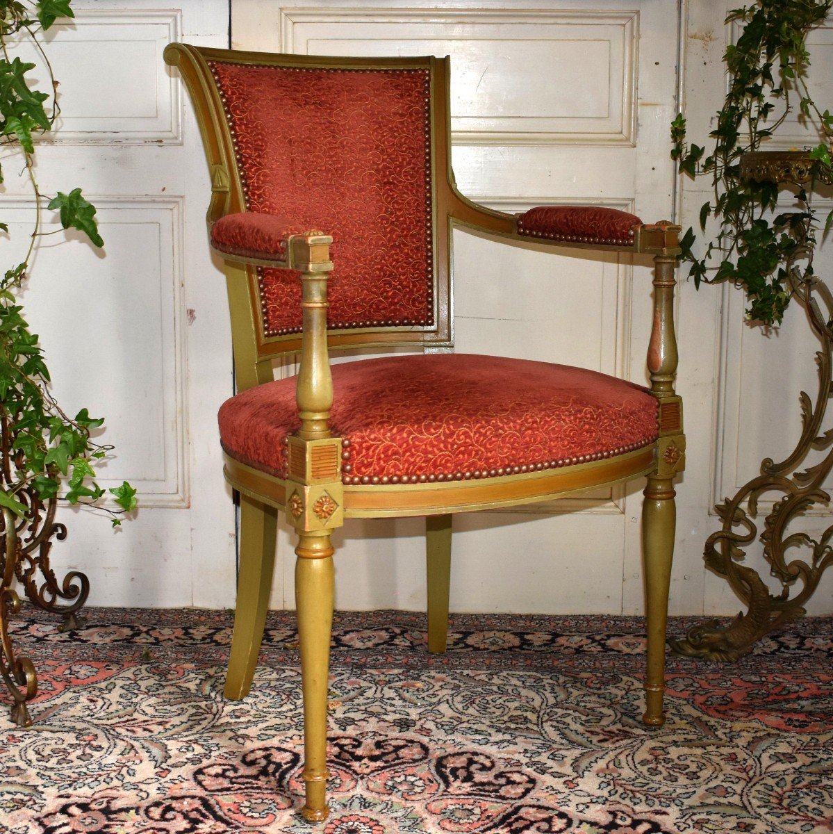 Paire De Fauteuils De Style Directoire En Bois Laqué Vert Amande Et  Rechampi  Fin Du XIXème , -photo-2