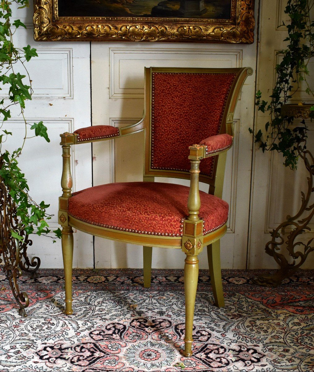 Paire De Fauteuils De Style Directoire En Bois Laqué Vert Amande Et  Rechampi  Fin Du XIXème , -photo-4