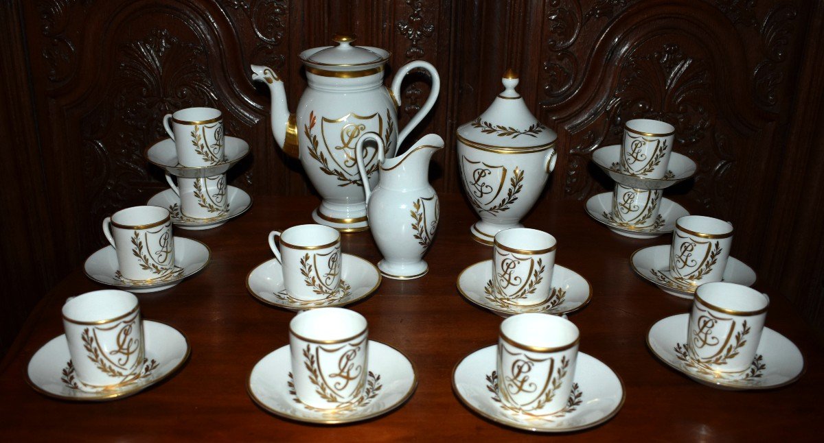 Limoges Porcelain Coffee Service With Laurel Decor And Lg Monogram, Empire Style.-photo-2