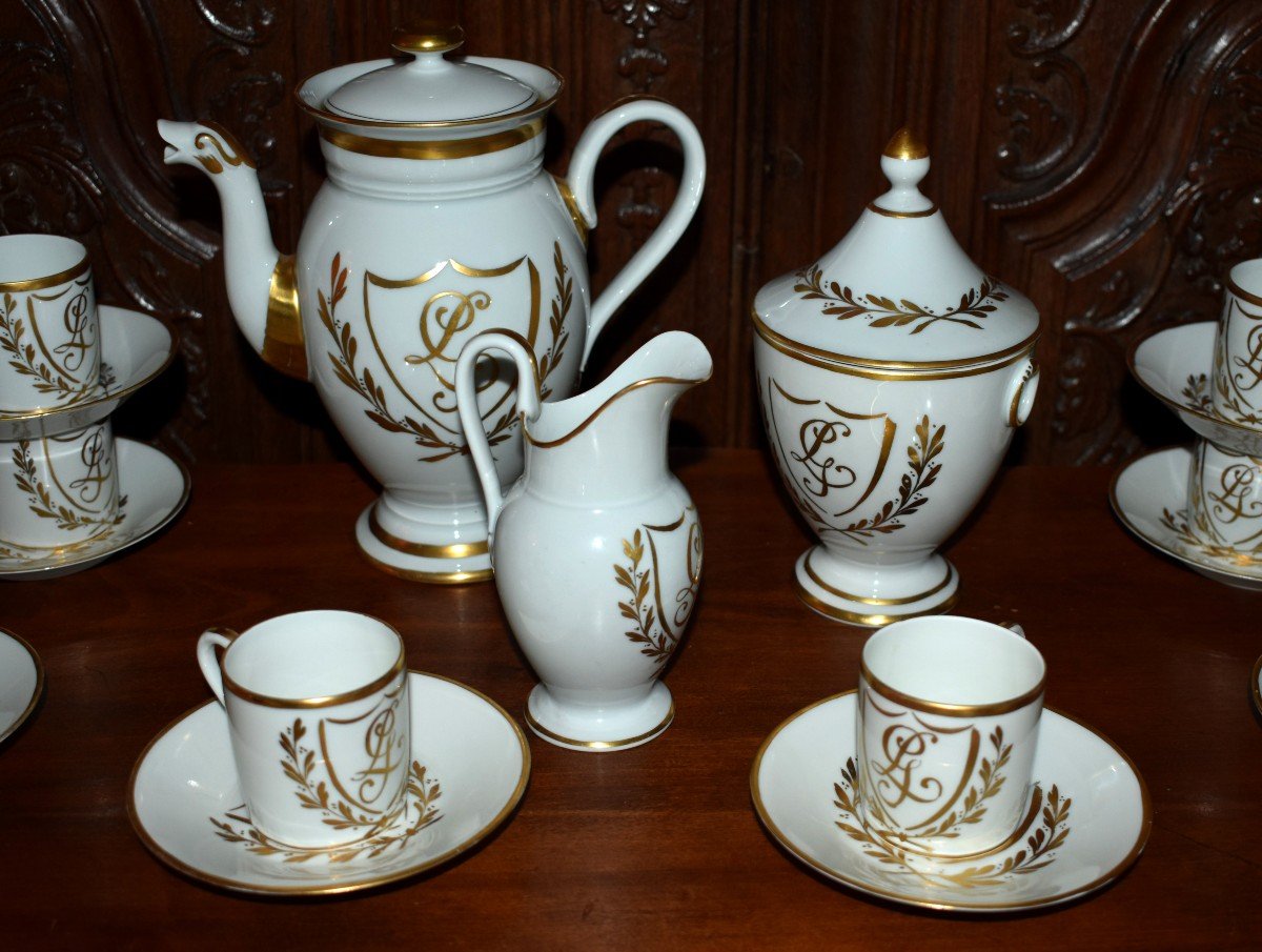 Limoges Porcelain Coffee Service With Laurel Decor And Lg Monogram, Empire Style.-photo-4