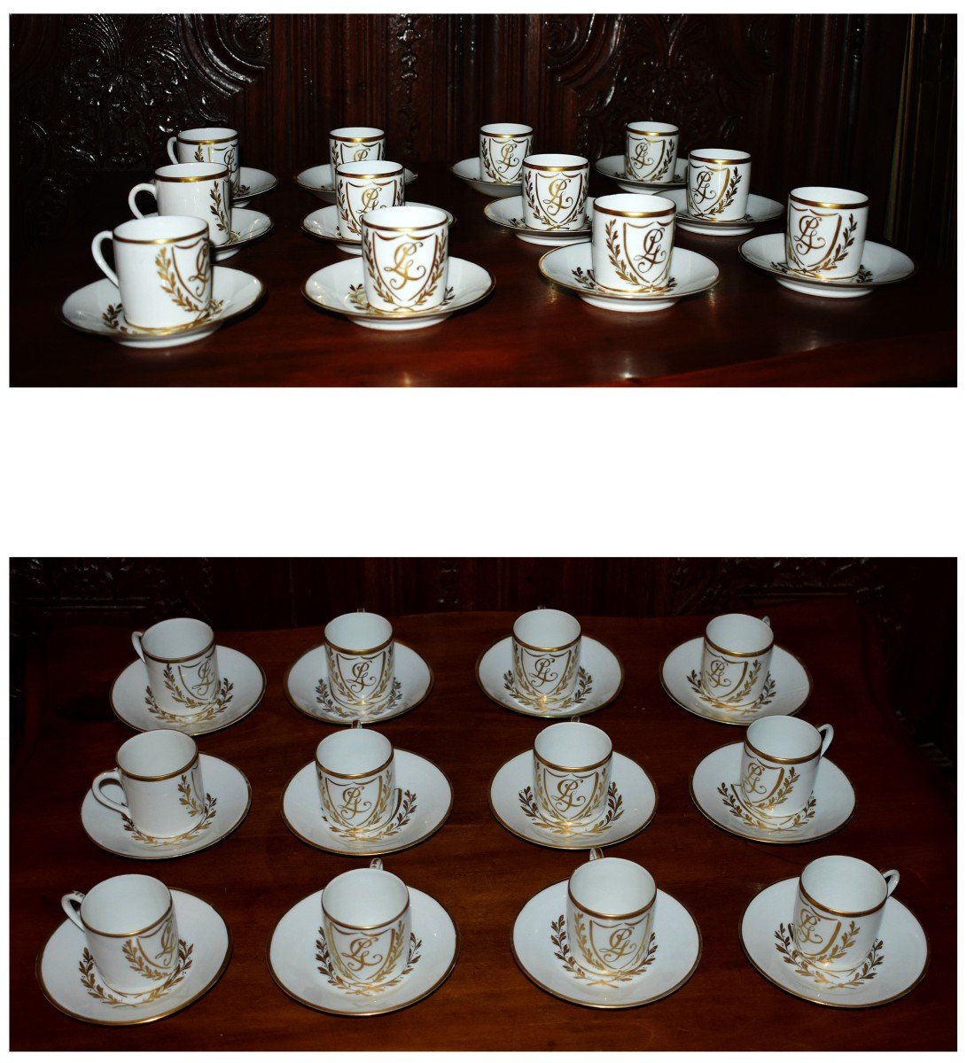 Limoges Porcelain Coffee Service With Laurel Decor And Lg Monogram, Empire Style.-photo-1
