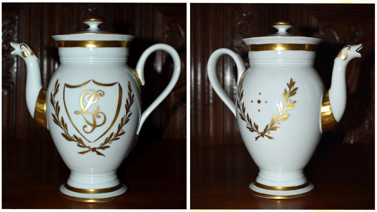 Limoges Porcelain Coffee Service With Laurel Decor And Lg Monogram, Empire Style.-photo-3