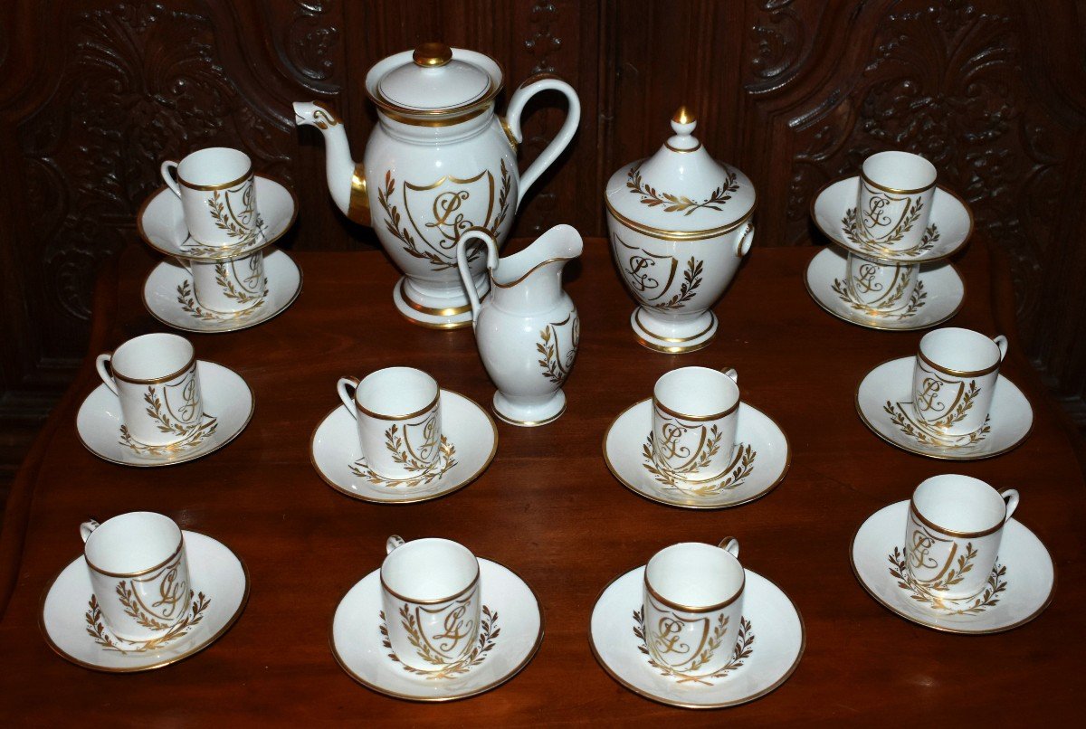 Limoges Porcelain Coffee Service With Laurel Decor And Lg Monogram, Empire Style.