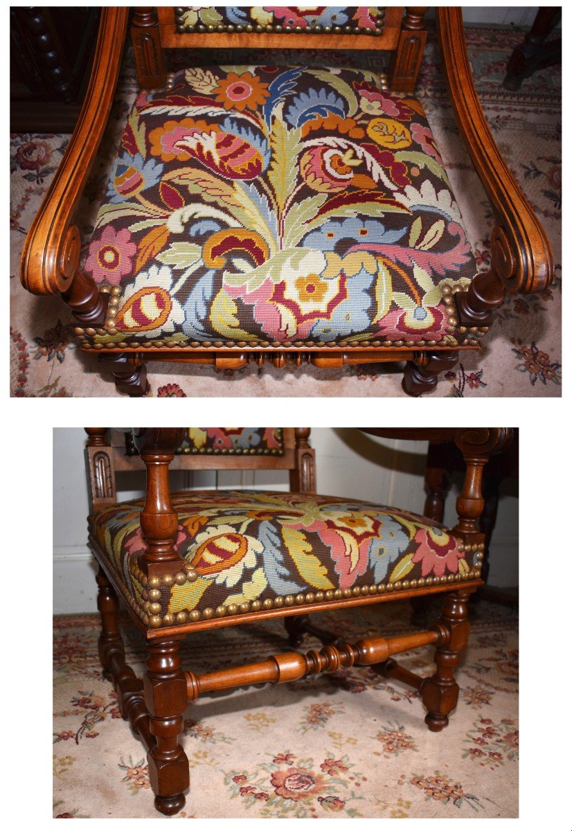 Grand Fauteuil En Noyer De Style Renaissance , Siège  XIXe d'Apparat Tissu  aux Petits Points-photo-2
