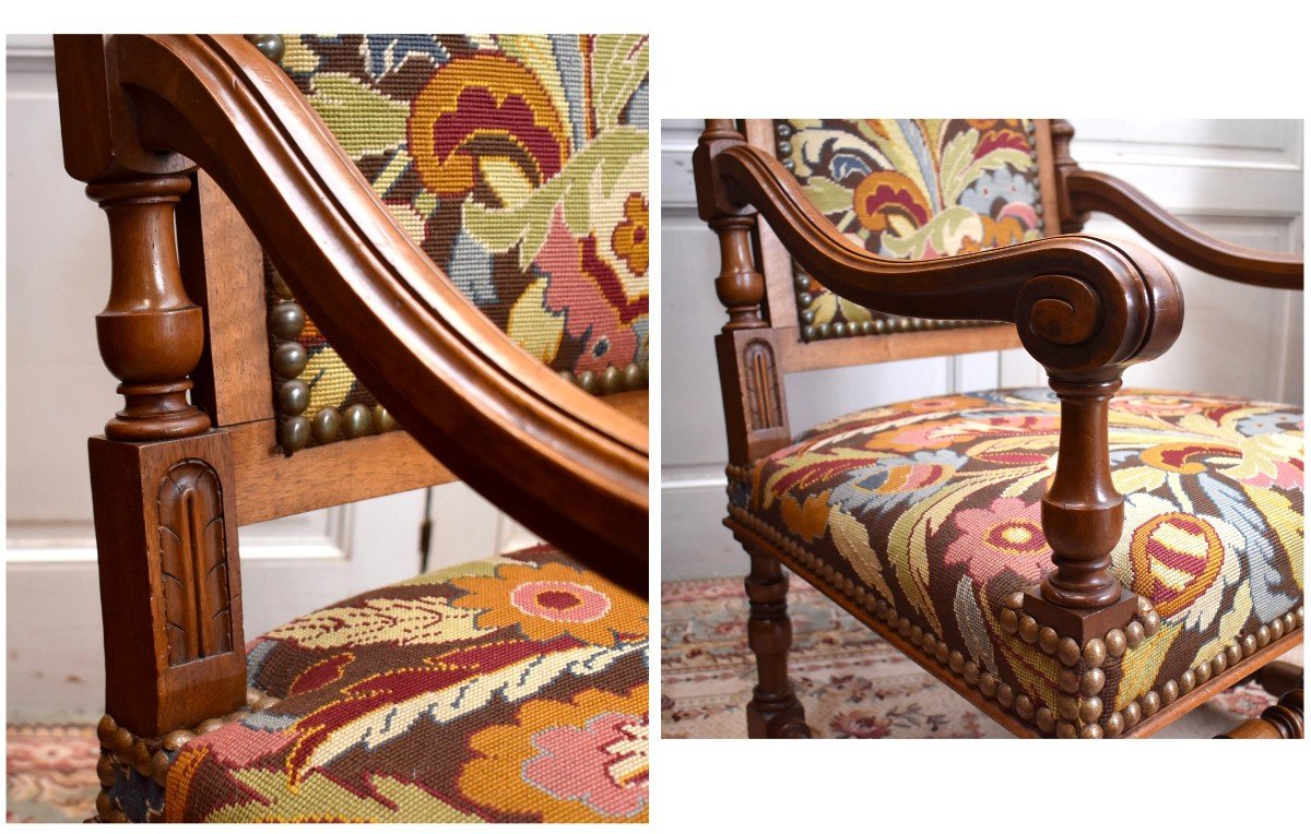 Grand Fauteuil En Noyer De Style Renaissance , Siège  XIXe d'Apparat Tissu  aux Petits Points-photo-7