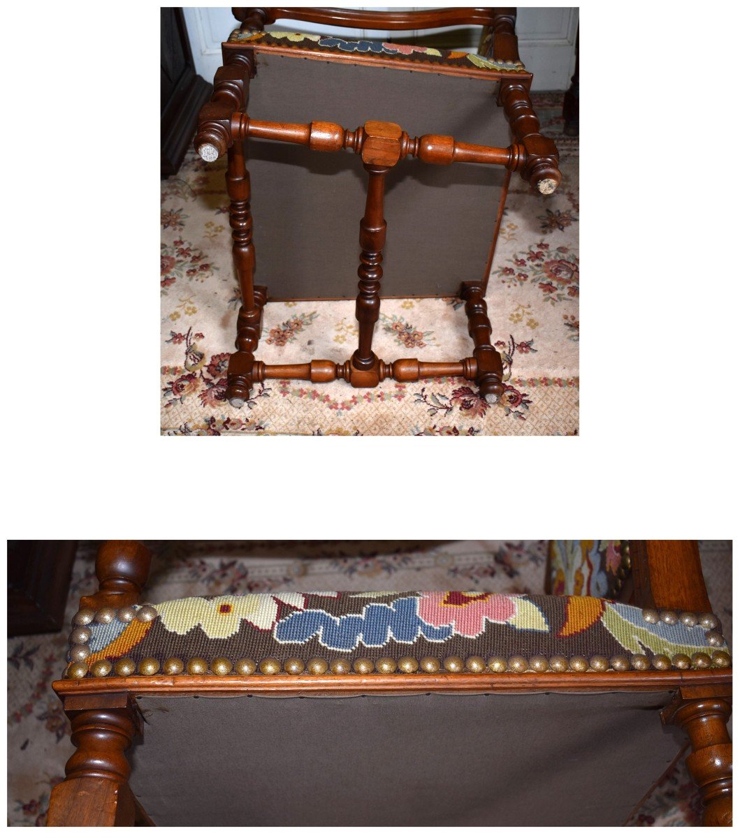 Grand Fauteuil En Noyer De Style Renaissance , Siège  XIXe d'Apparat Tissu  aux Petits Points-photo-8