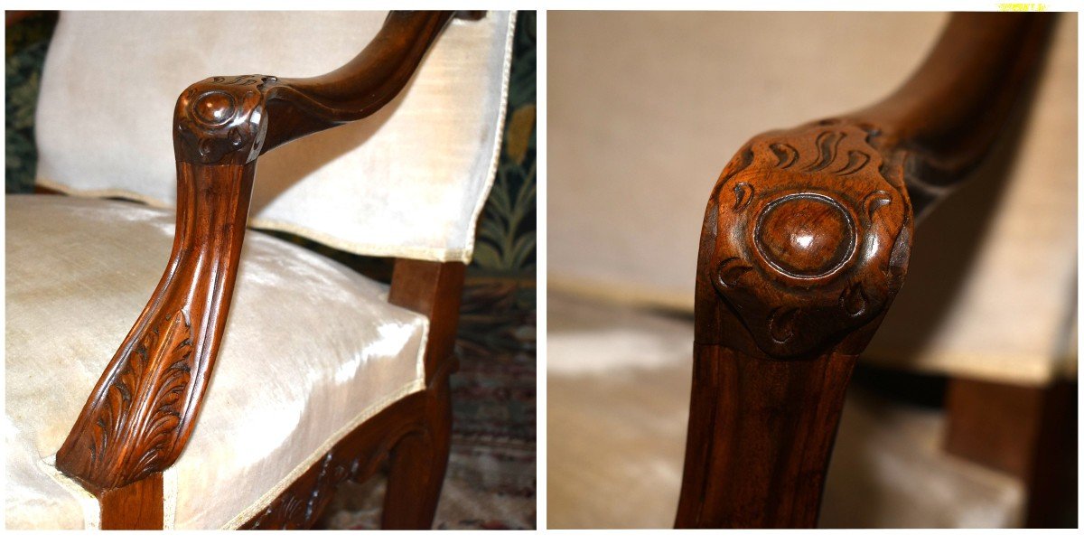 Paire De Fauteuils De Style Régence En Noyer Massif, haut dossier et assise large, tissu velours.-photo-4