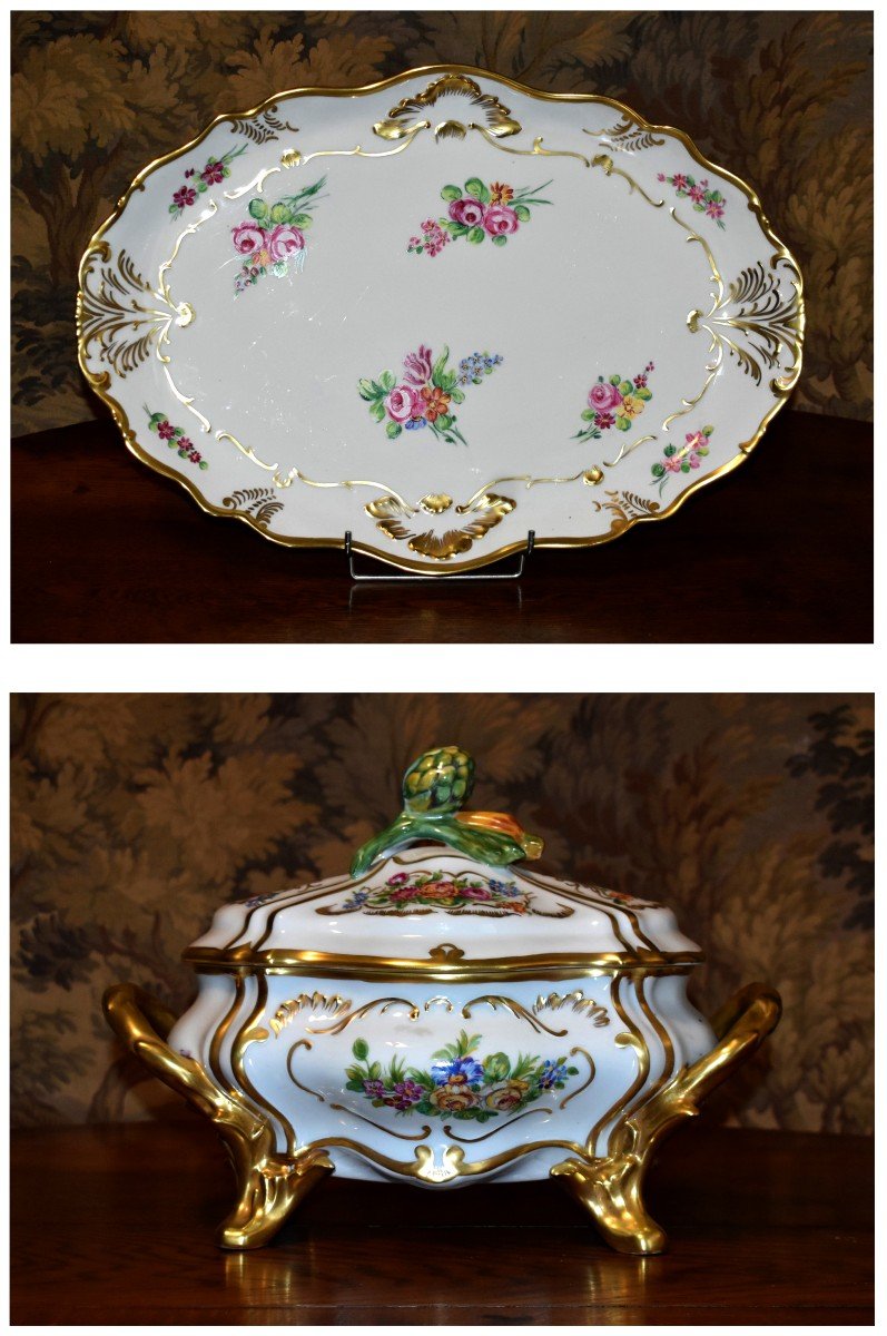 Important Tureen And Its Presentation Dish In Hand Painted Limoges Porcelain,-photo-4