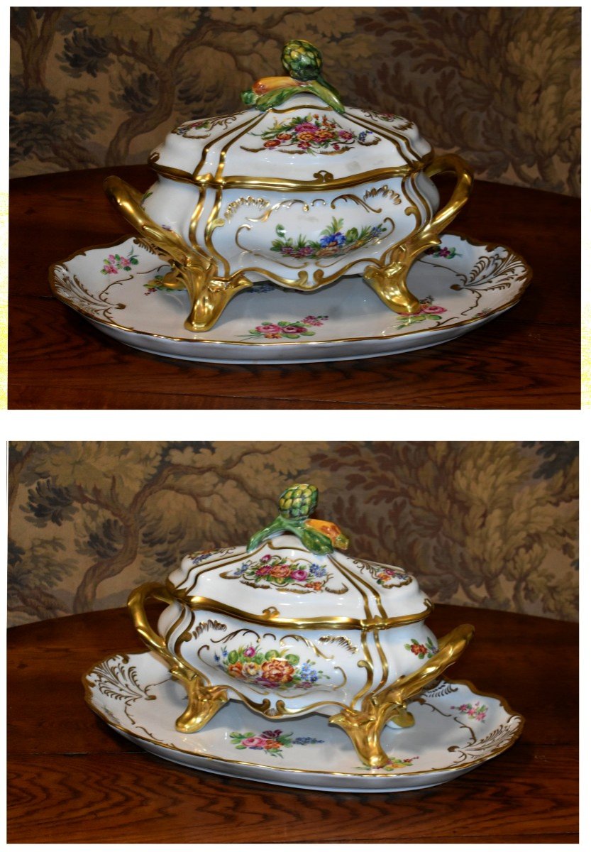 Important Tureen And Its Presentation Dish In Hand Painted Limoges Porcelain,-photo-1