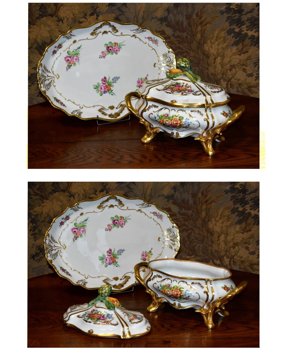 Important Tureen And Its Presentation Dish In Hand Painted Limoges Porcelain,-photo-3
