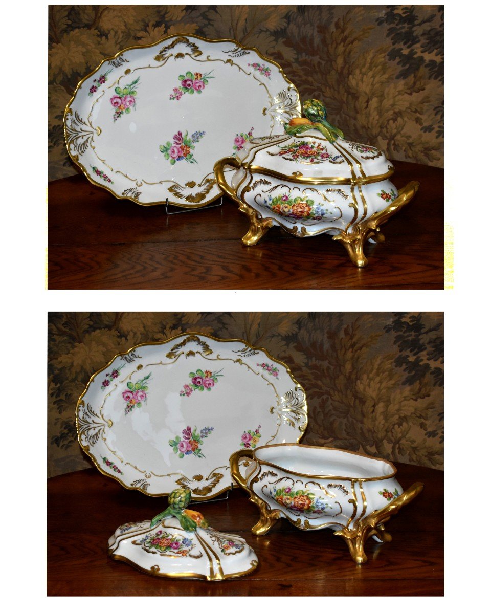Important Tureen And Its Presentation Dish In Hand Painted Limoges Porcelain,-photo-3
