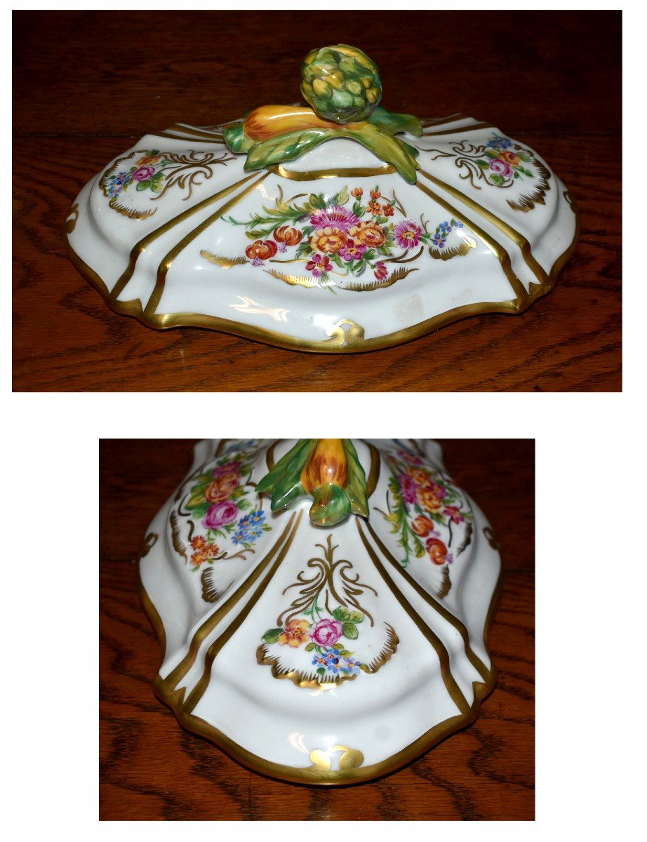 Important Tureen And Its Presentation Dish In Hand Painted Limoges Porcelain,-photo-5