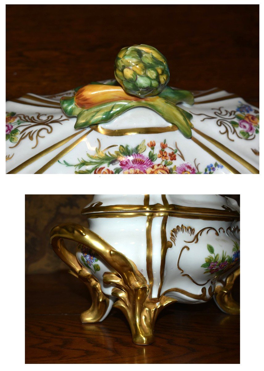 Important Tureen And Its Presentation Dish In Hand Painted Limoges Porcelain,-photo-7