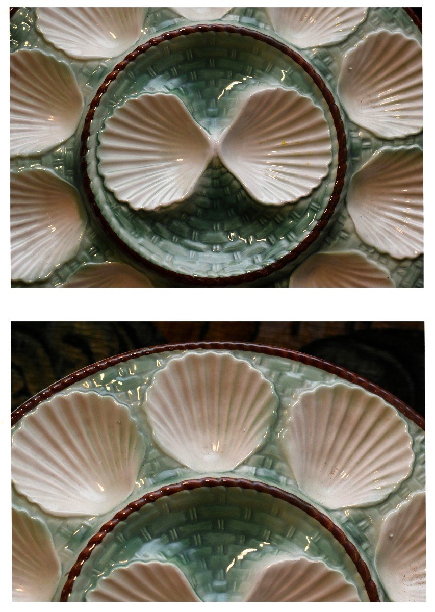 Service En Barbotine Pour Fruits De Mer, Crustacés, Coquillages, Huitres , Motif Vannerie, 12 assiettes et plat de présentation-photo-5